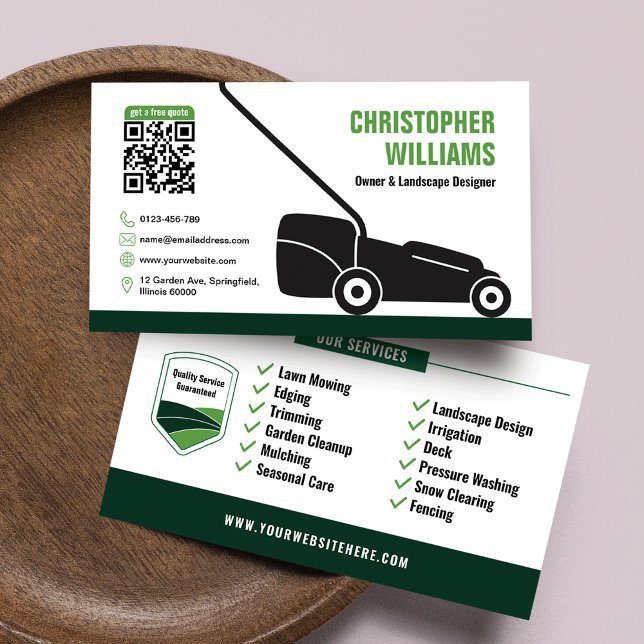 Modern Trädgårdsdesign Gräsklippning Vit Grön QR-k Visitkort (Modern Landscaping Lawn Mowing White Green QR Code Business Card)