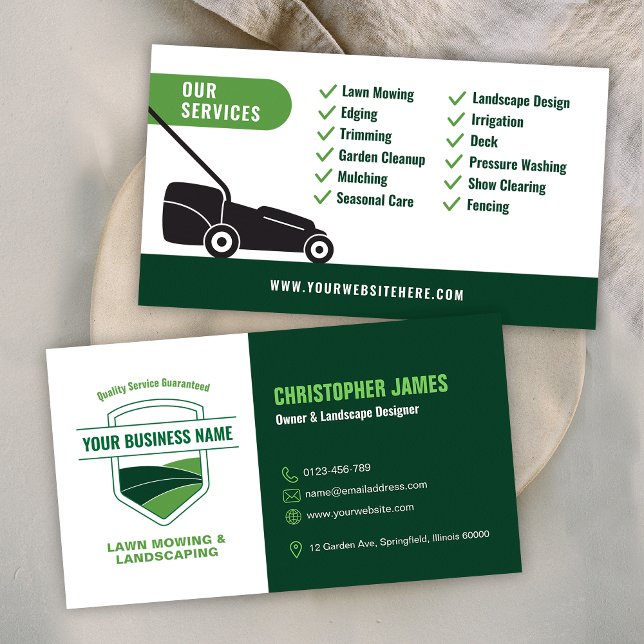 Modern Trädgårdsplanering Gräsklippning Vit & Grön Visitkort (Modern Landscaping Lawn Mowing White & Green Business Card)
