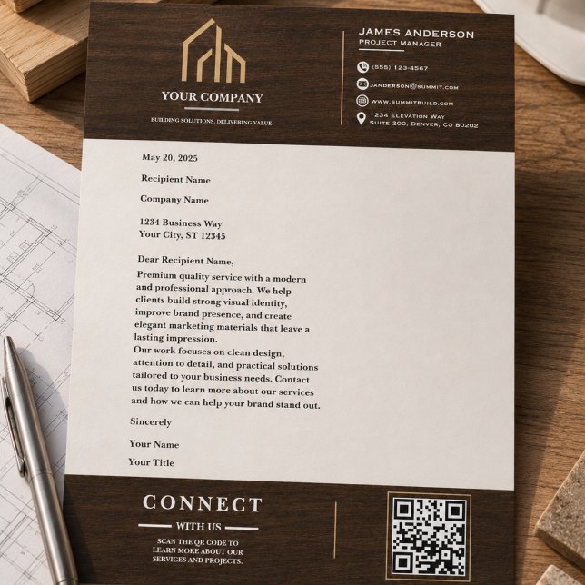 Modern trägrain QR-kod konstruktion Brevhuvud (Modern Wood Grain QR Code Construction Letterhead
)