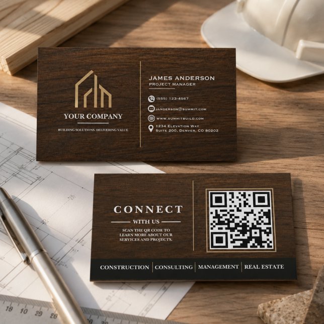 Modern trägrain QR-kod konstruktion Visitkort (Modern Wood Grain QR Code Construction Business Card
)