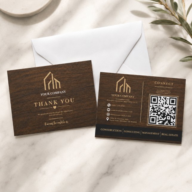 Modern träkorn QR-kod konstruktion  Tack Kort (Modern Wood Grain QR Code Construction Thank You Card
)