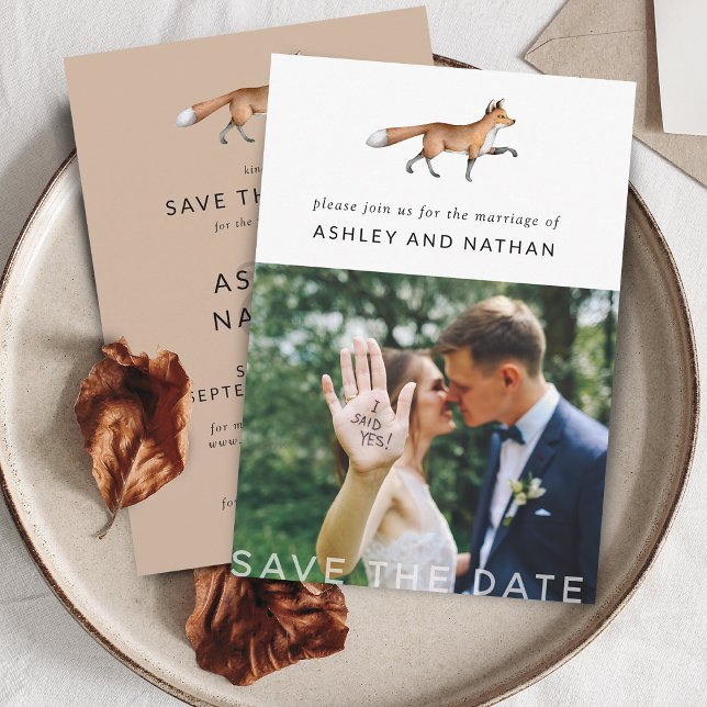 Modern trälandskap räv foto bröllop spara datumet (Modern Woodland Fox Photo Wedding Save The Date)