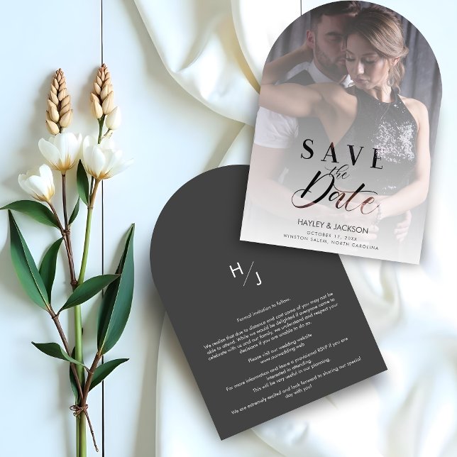 Modern Transparency Wedding Custom Photo Script Spara Datumet (Modern Transparency Wedding Custom Photo Script Save the Date Cards. Arch Border Style)