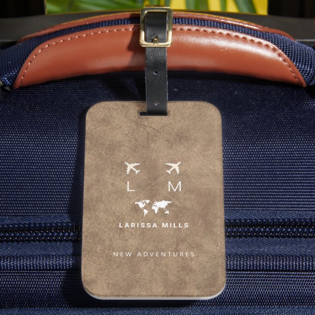 Modern Traveler Monogram Brown Leather Bagagebricka (Framsida Insitu 2)