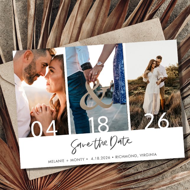 Modern tre foto Bröllop spara datum Datumet (Modern Three Photo Wedding Save the Date)