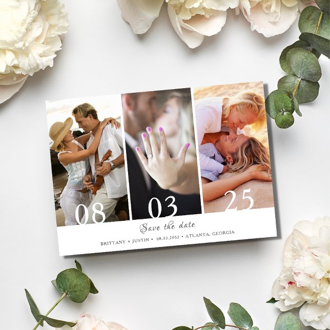 Modern tre foto Bröllop spara datum Datumet (Modern Three Photo Wedding Save the Date)