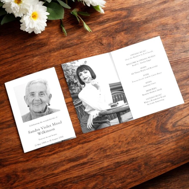 Modern tre fotobegravningsorder inbjudan (modern black and white funeral order of service with  two photo templates , modern memorial service)