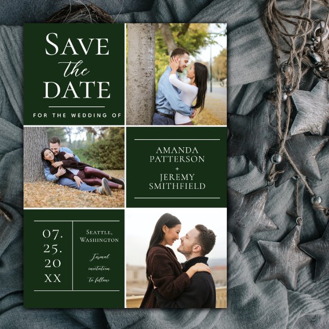 Modern tre fotokollage | Emerald Grönt Spara Datumet (Emerald Green Modern Three Photo Collage Save the Date)