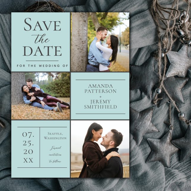 Modern tre fotokollage | Spara datum Datumet (Teal Modern Three Photo Collage Save the Date)
