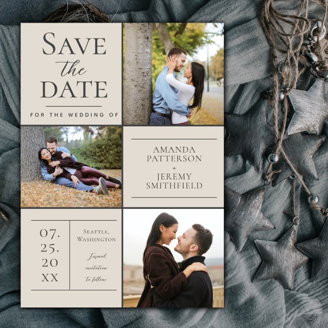 Modern tre fotokollage | Spara datum för Beige Datumet (Beige Modern Three Photo Collage Save the Date)