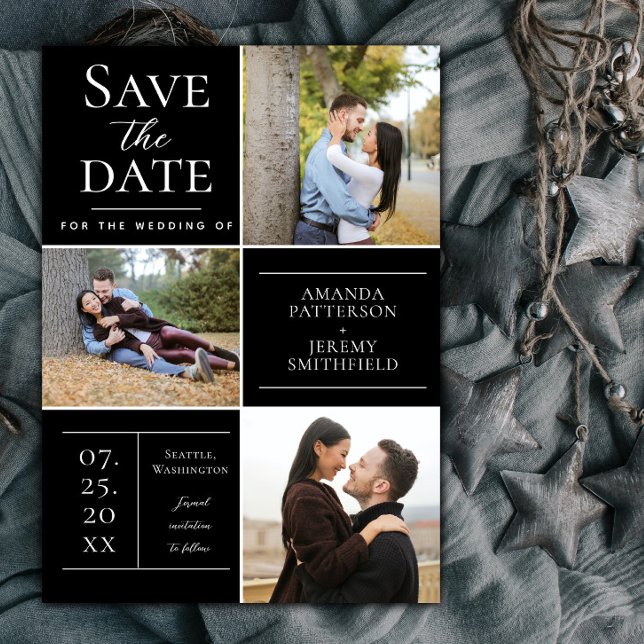 Modern tre fotokollage | Svart Spara datum Datumet (Black Modern Three Photo Collage Save the Date)