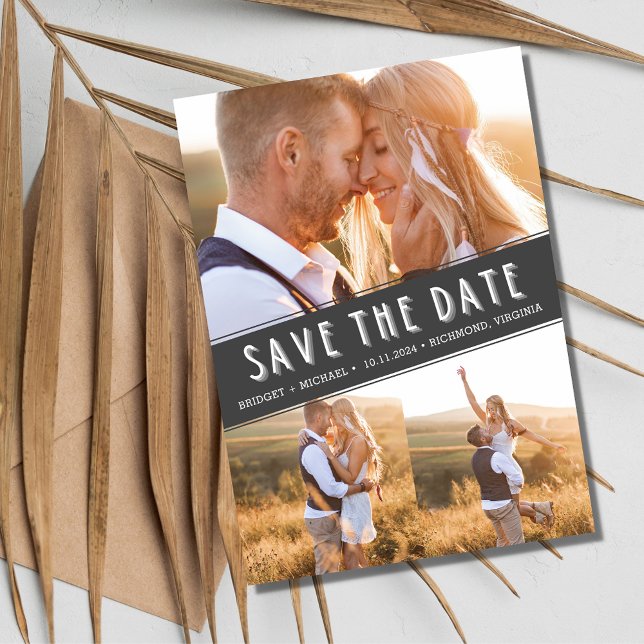 Modern tre Photo Collage Bröllop spara datum Datumet (Modern Three Photo Collage Wedding Save the Date)