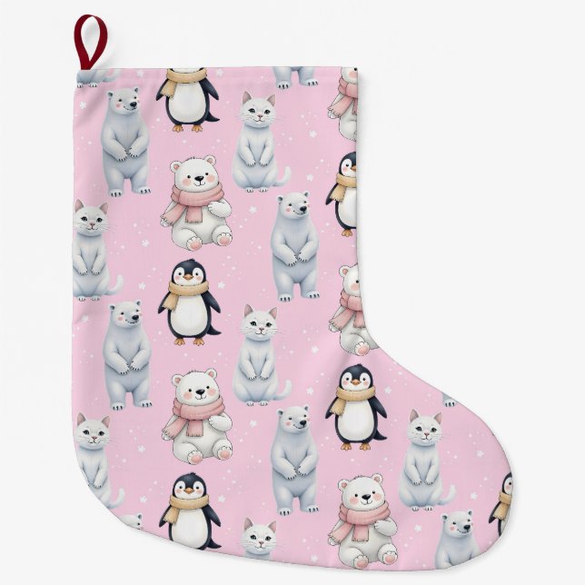 Modern Trendig Bear penguin cat Seamless Mönster Stor Julstrumpa (Framsidan)