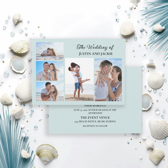 Modern Trendig Blue 5 Photo Bröllop Inbjudningar (Blue 5-photo wedding invitation)