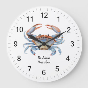 Modern Trendig Blue Watercolor Crab Sommarbuss Stor Klocka