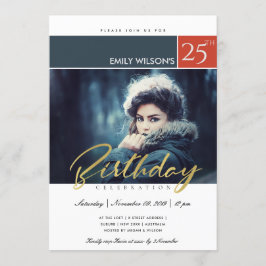 MODERN TRENDIG BRUSH SCRIPT PHOTO ANY AGE BIRTHDAY INBJUDNINGAR