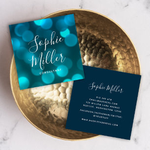 Modern Trendig Calligraphy Aqua Blue Bokeh Ljus Fyrkantigt Visitkort