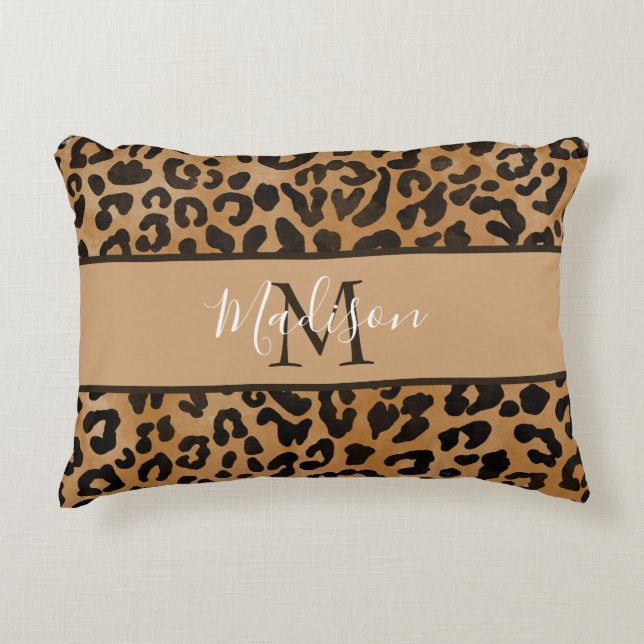 Modern Trendig Chic Leopardmönster Monogramnamn Prydnadskudde (Framsidan)