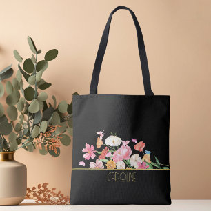 Modern trendig chic svart blommig handväskor tygkasse