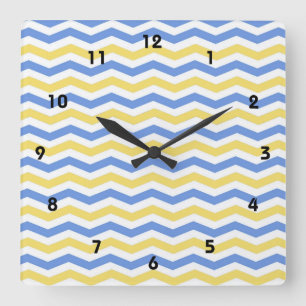 Modern, trendig, elegant blå och gult chevron fyrkantig klocka