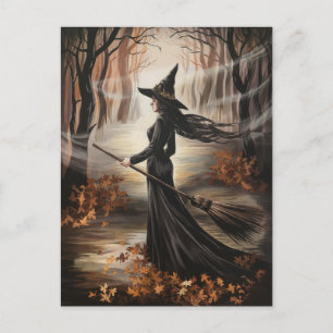 Modern trendig Halloween-häxa i skog Vykort