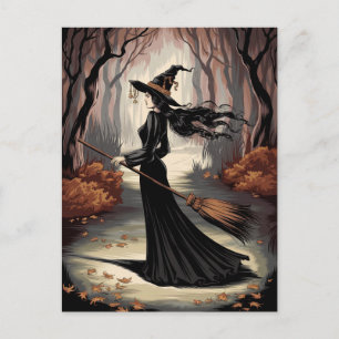 Modern Trendig Halloweenhäxa i Skog Vykort