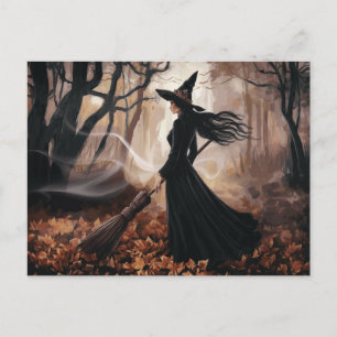 Modern Trendig Halloweenhäxa i Skog Vykort
