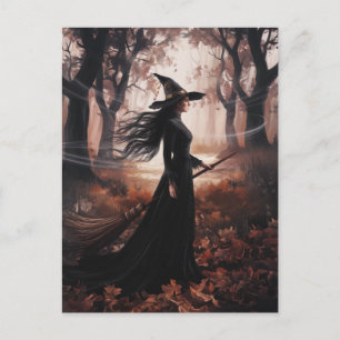 Modern Trendig Halloweenhäxa i Skog Vykort