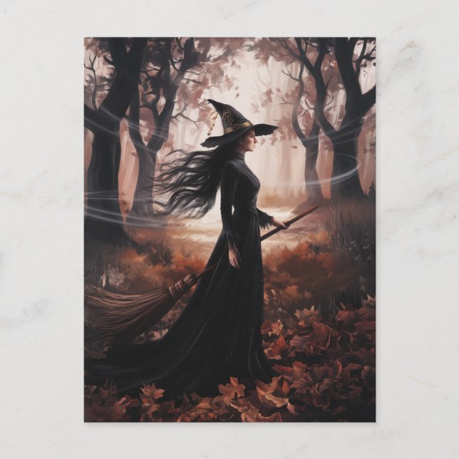 Modern Trendig Halloweenhäxa i Skog            Vykort (Framsida)