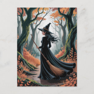 Modern Trendig Halloweenhäxa i Skog Vykort