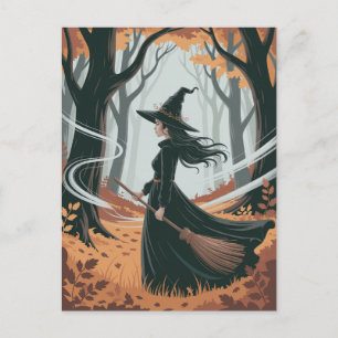 Modern Trendig Halloweenhäxa i Skog Vykort