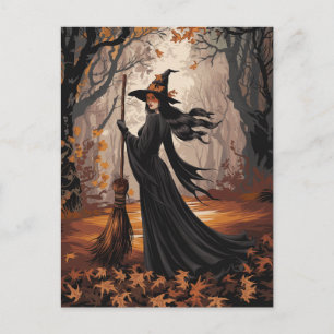 Modern Trendig Halloweenhäxa i Skog Vykort