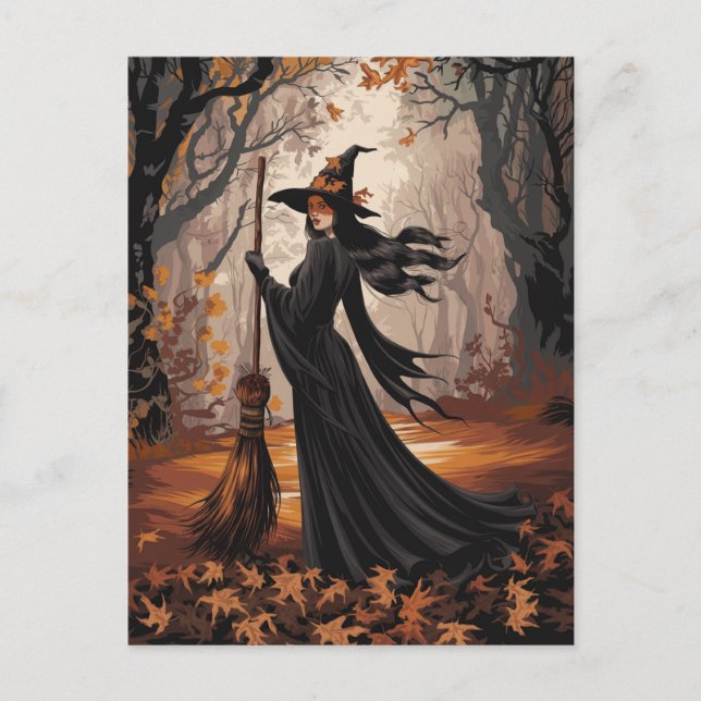 Modern Trendig Halloweenhäxa i Skog            Vykort (Framsida)