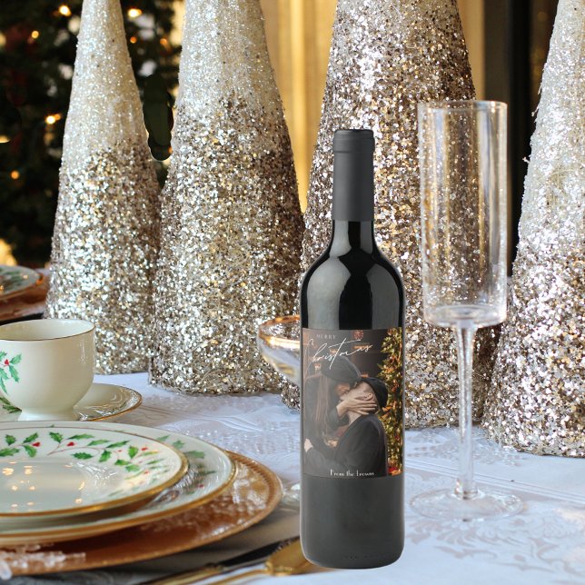 Modern Trendig jul | Romantiskt par Photo Vinflaska Etikett (Skapare uppladdad)