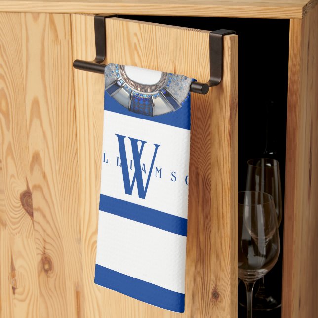 Modern Trendig Marinblå och Vit Monogram Kökshandduk (Thirds Fold)