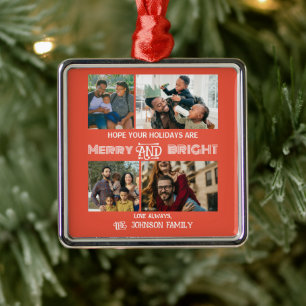 Modern trendig Merry och Bright Family Photo Julgransprydnad Metall