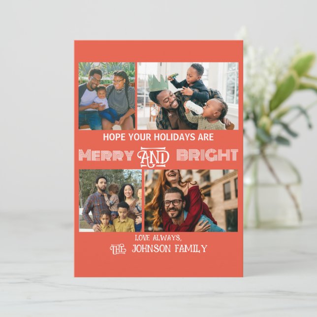 Modern trendig Merry och Bright Family Photo Julkort (Stående Fram)