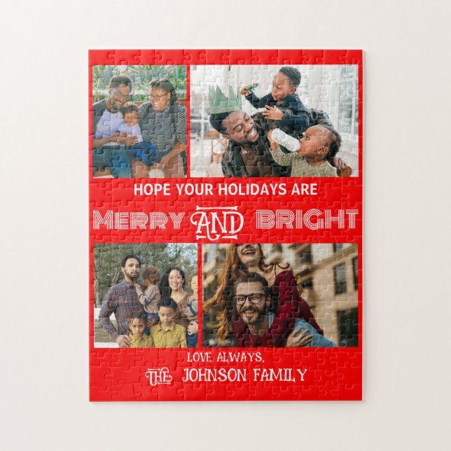 Modern trendig Merry och Bright Family Photo Pussel (Vertikal)