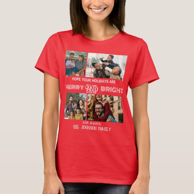 Modern trendig Merry och Bright Family Photo T Shirt (Framsida)