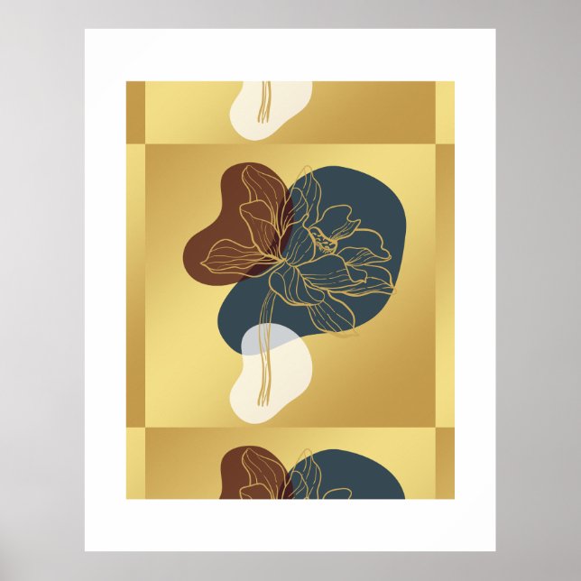 Modern Trendig Monogram Guld Whimsical Blommig Poster (Framsidan)