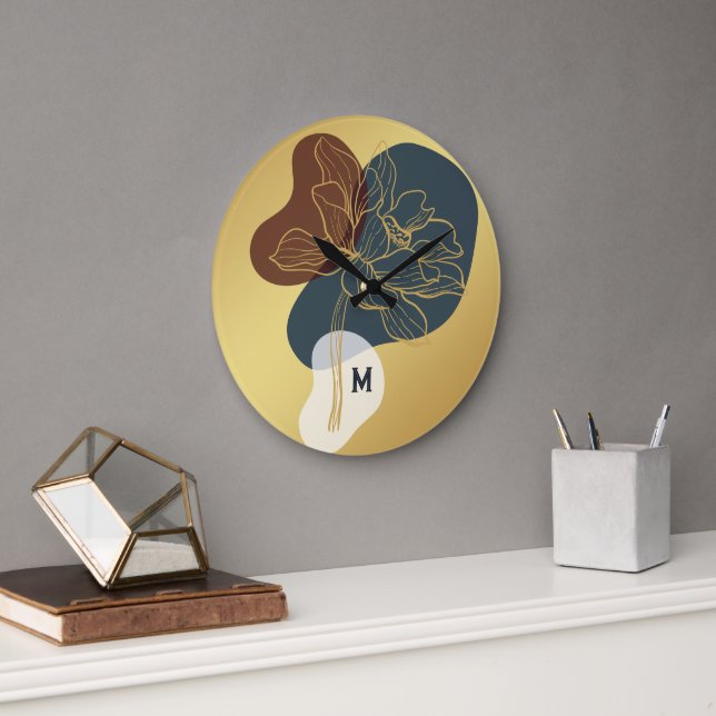 Modern Trendig Monogram Guld Whimsical Blommig Stor Klocka (Kontor)