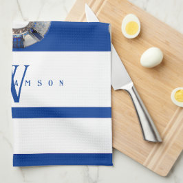 Modern Trendig Monogrammed Nautical Blue and White Kökshandduk