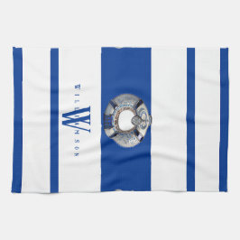 Modern Trendig Monogrammed Nautical Blue and White Kökshandduk