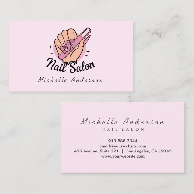 Modern Trendig Nagel Salon Nail Technician Rosa Bu Visitkort (Fram/baksida)