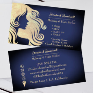 Modern Trendig Navy Blue & Guld Makeup Hairstylist Visitkort