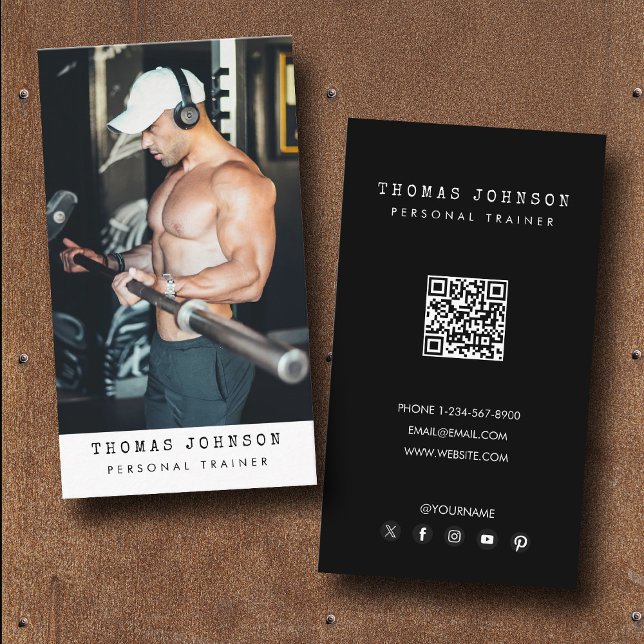 Modern Trendig Personal Trainer Fitness Photo Blac Visitkort (Modern Trendy Personal Trainer Fitness Photo Black Business Card)