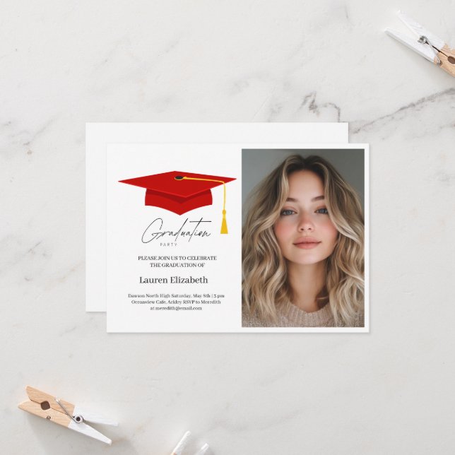 Modern Trendig Röd Examen Keps och Tofs Inbjudningar (Fram/Back In Situ)