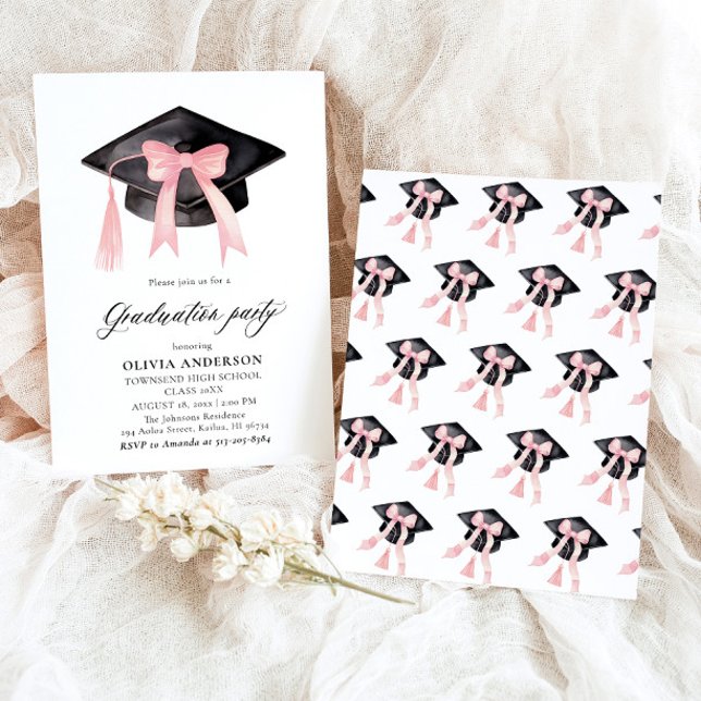 Modern Trendig Rosa Bow Studentmössa Studenten Inbjudningar (Watercolor Modern Elegant Trendy Stylish Pink Bow Graduation Invitation)