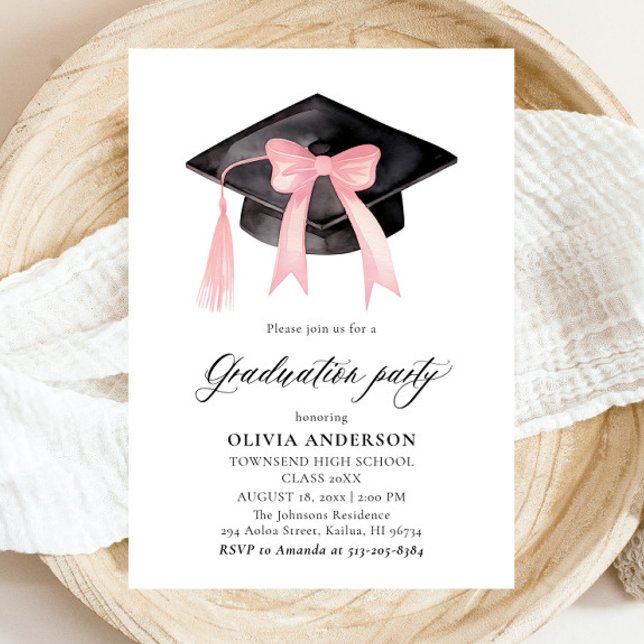 Modern Trendig Rosa Bow Studentmössa Studenten Inbjudningar (Watercolor Modern Elegant Trendy Stylish Pink Bow Graduation Invitation)