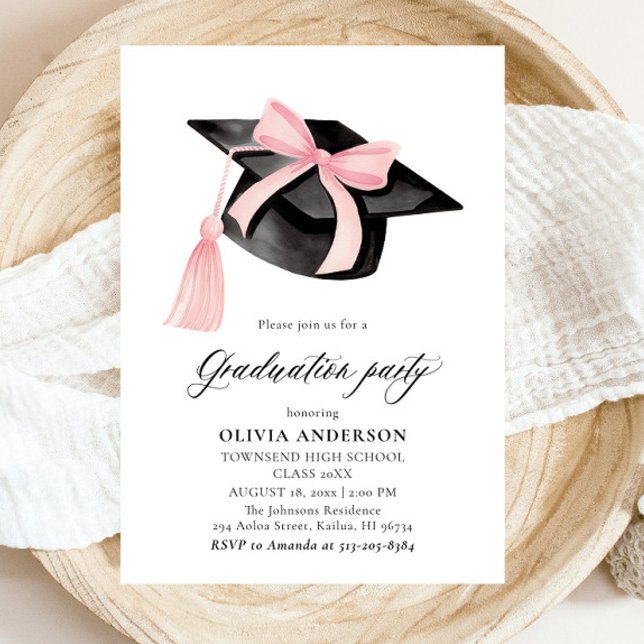 Modern Trendig Rosa Bow Studentmössa Studenten Inbjudningar (Watercolor Modern Elegant Trendy Stylish Pink Bow Graduation Invitation)